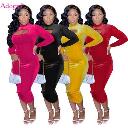 Adogirl Hollow Out Velvet Midi Dress Women Sexy Turtleneck Long Sleeve Bodycon Party Clubwear Christmas Outfits Female Vestidos