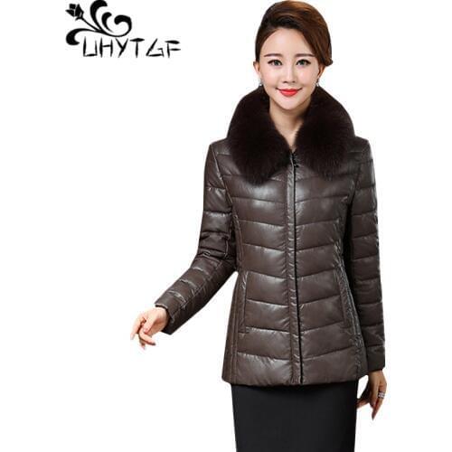 UHYTGF Winter leather down jacket casual slim warm coat women fur collar quality leather short coat loose 6XL plus size top 1150