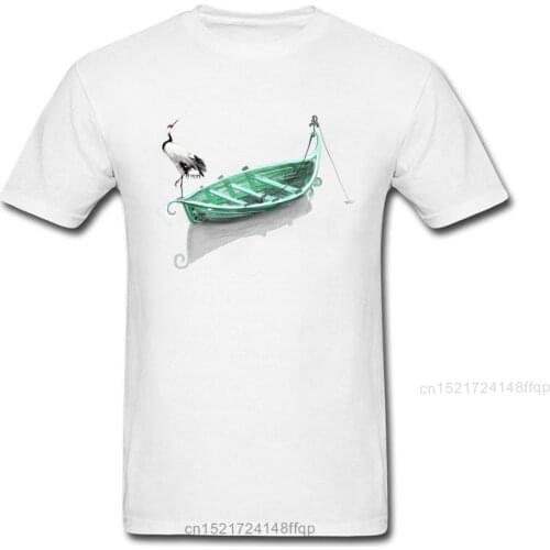 2018 T Shirt Crane Standing On The Green Boat 2018 3D Cartoon Design Mens White T-shirt Cotton Crewneck Tops