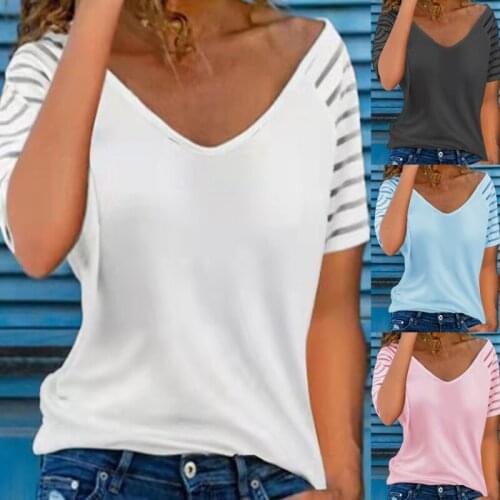 2021 New Trend Womens T Shirt V Neck Casual Loose Short Sleeve Top Summer Fashion Sexy Striped Camisetas Mujer