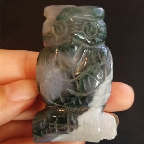 45mm Natural Moss Agate Owl Figurine Carved Crystal Mineral Animal FengShui Chakra Healing Gemstone Wicca Decor Quartz Gift