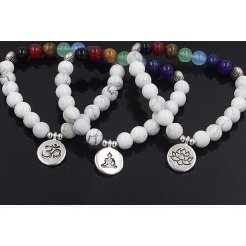 8mm htj4 elastic adjusted Charm nature stone bead Reiki Frosted agate Onyx Lotus life tree Buddha head white Howlite Bracelet