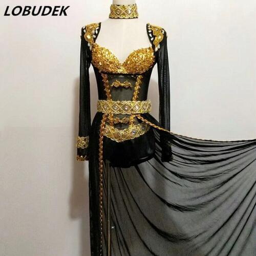 Shining Crystal Sequins Perspective Bodysuit Long Trailing Skirt Stage Outfit Lady Singer Bar DJ Costume Host Catwalk Dance Wear