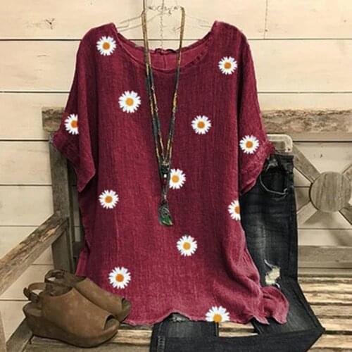 40#Daisy Printed Blouse Woman Vintage Cotton-Blend O-Neck Short Sleeve Top Plus Size Elegant Summer Blouse рубашка женская