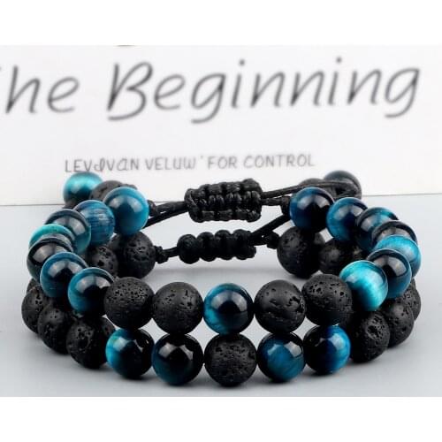 8MM Couple Blue Tiger Eye Natural Stone Woven Bracelet Women Handmade Lava Beads Bangles Adjustable Healing Energy Jewelry Gift