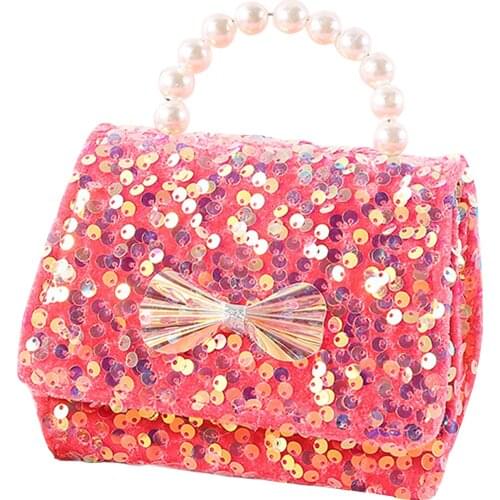 Girls Party Decoration Princess Bag Glittery Sequin Crossbody Bag Pearl Handle Bow Handbag Fashion Storage Lipstick Phone Pocket