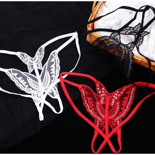 Exotic Women Thongs Lace Sequins Butterfly G-string Underwear Crotch Hollow Bandage Thongs Hollow Hip Crotchless Panties