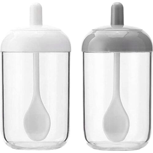 Spice Pots,Salt Sugar Spice Container,Transparent Kitchen Round Spice Jar with Lid and Spoon (2 Gray,2 White)