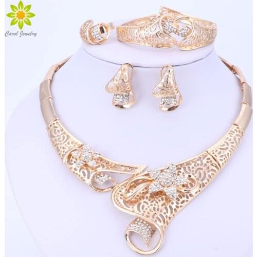 Hot Selling Dubai Crystal Rhinestone Flower Necklace Sets Gold Color Wedding Bridal African Costume Jewelry Sets