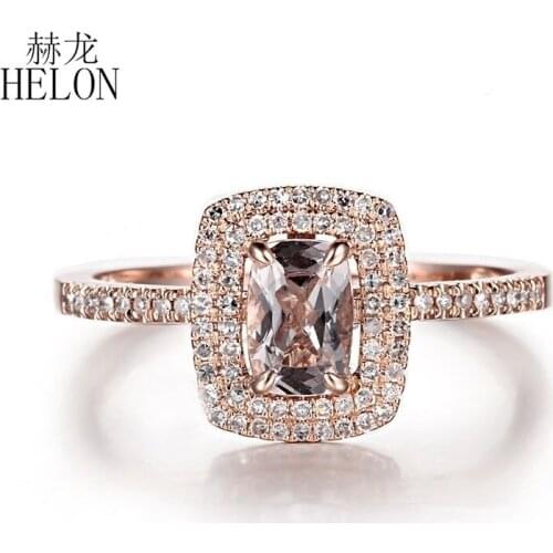 HELON Solid 14K Rose Gold Cushion 6X4mm Natural Morganite & Diamonds Engagement Wedding Ring Women Gemstone Fine Jewelry Gift