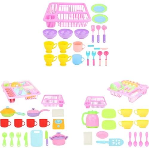 Play Dishes Set Pretend Play Childrens Unbreakable Dish Set and Cookware Accs for Kitchen Playset with Plates, Drainer Basket