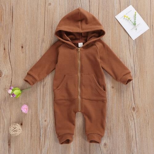 2020 Autumn Winter Newborn Baby Boy Girl Solid Clothes Long Sleeve Zipper Hooded Romper Jumpsuit Warm Outfits 0-24M