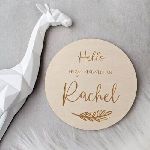 Custom circle Baby name sign, Engraved birth Announcement plaque, Hello my name is Disc, newborn gift, Nursery Decor, Photo Prop