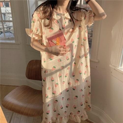 Summer Cotton Soft Homewear Dress Print Strawberry Nightgowns Peter Pan Collar Cute Midi Sleepdress New Ins Nightdress