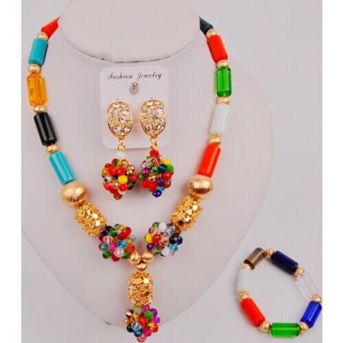 Trendy Multicolor Nigerian Beads Necklace Set African Wedding Bridal Jewelry Sets ZQ4-7