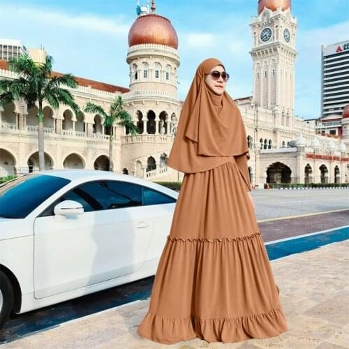 Muslim Long Abaya Dress Malaysia Turkey Islamic Worship Robe Hijab Headscarf Ethnic Dubai Arabic Clothes Piece Set