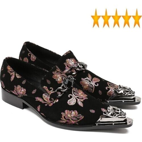 Mens Floral Printed Crystal Fashion Dress Male Metal Pointed Toe Genuine Leather Office Party Shoes Banquet Black Footwear