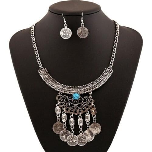 Ethnic Crescent Rhinestone Hollow Flower Coin Fringe Choker Necklace Earring Set Gypsy Turkish India Jewelry Set