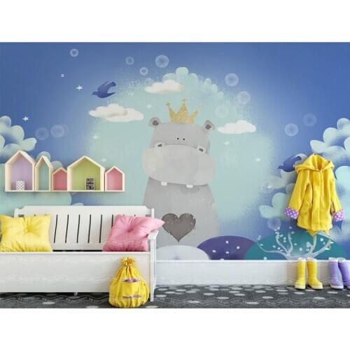 Bacal Hand-paint Hippo 3d Cartoon Wallpaper Mural 3D Photo Mural Wall paper 3d Cartoon blue Wall Stickers for Kids Room Home