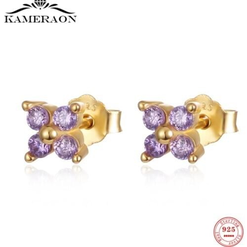 Real 925 Sterling Silver Stud Earrings Purple Four Zircon Gold Earrings Exquisite Fashion Ear Jewelry Gift for Women