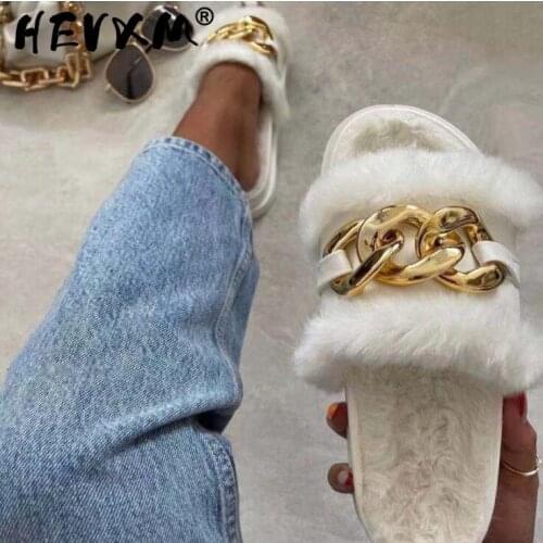 2021 summer omen new round-toe thick-soled flat mid-heel fur sandals large size metal chain slippers Home all-match flip flop