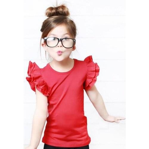 Girls Ruffles Sleeve Solid T-shirt Fashion Summer T-shirts Kids Short Sleeve Clothes 4-6 Years Tops