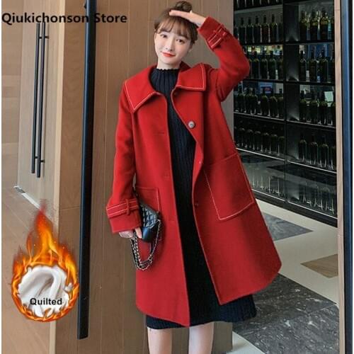 Autumn Winter Women Long Wollen Coat Elegant Korean Style Ladies Kawaii Big Peter Pan Collar Christmas Red Jackets Thick Outwear