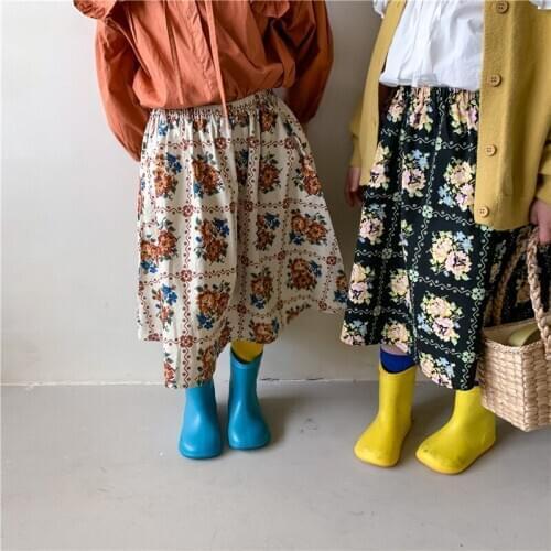 2-8T Retro Children Long Skirt 2021 Spring New Korean Girl Skirt Falda Flower Toddler Clothes Fall Baby Skirt Beige Black
