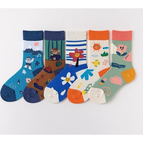 PEONFLY New Arrival 5 Colors Socks Funny Design Illustration Sun Flower Cherry Cake Men Women Couple Fashion Street Style Socks