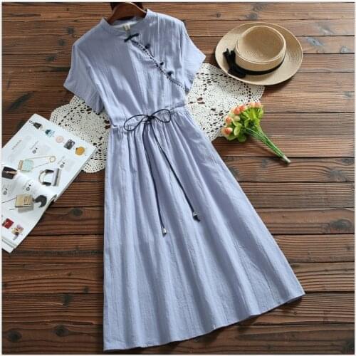 Cheongsam Literary Retro Waist Thin Temperament Cotton Linen Dress Embroidery Girl Midi Dress Mori Girl Summer Sweet Dress