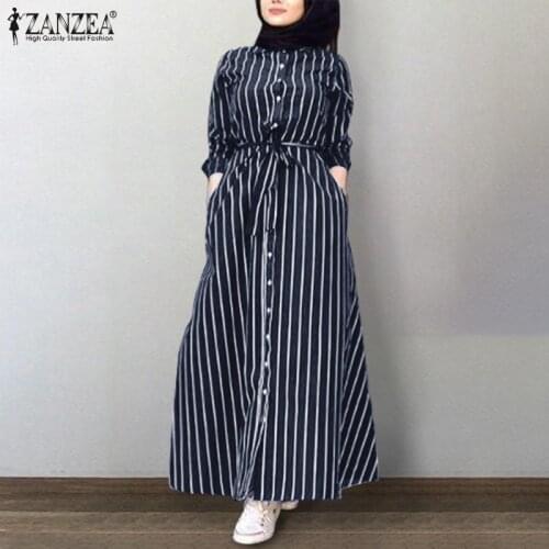 Fashion Lapel Neck Long Sleeve Striped Shirt Dress ZANZEA Vintage Women Muslim DressCasual Turkey Abaya Hijab Dress Belted Robe