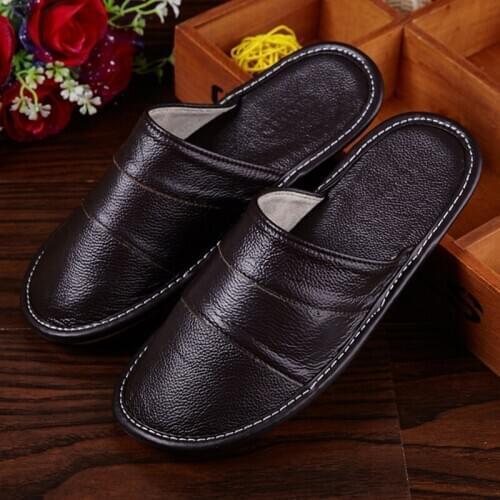 Plus Size 39-44 Genuine Leather Spring And Autumn Home Slippers Non-Slip Thick Solid Color House Shoes Sewing Thread Men Slipper