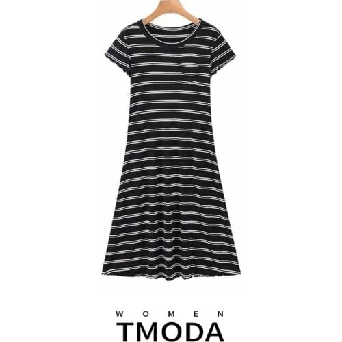 TMODA1207 2021 Za New Summer Women Korean Slim Striped Dress Short Sleeve Party Sundress Dress Female A-Line Classical Vestidos