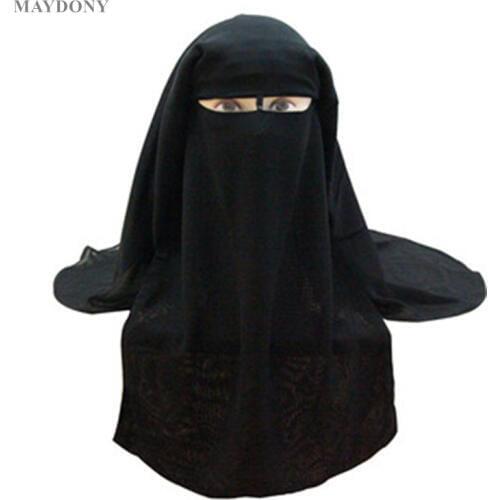 Muslim Bandana Scarf Islamic 3 layers Niqab Burqa Bonnet Hijab Cap Veil Headwear Black Face Cover Abaya Style Wrap Head Cover
