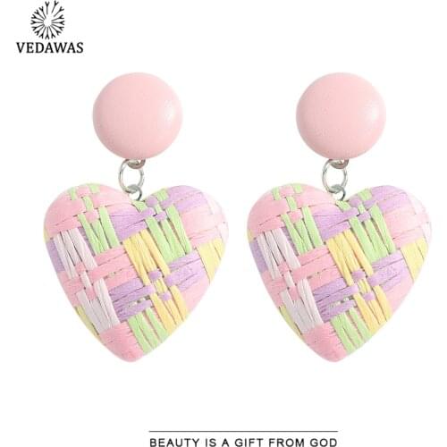 Vedawas Korean Multicolored Heart Earrings for Women Boho Romantic Raffia Drop Earrings Coat Accessories Jewelry Party Wholesale