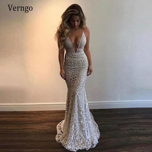 Verngo High Quality Lace Mermaid Beads Sparkly Evening Dresses Long Luxury Dubai Women Backless Glitter Formal Party Gowns
