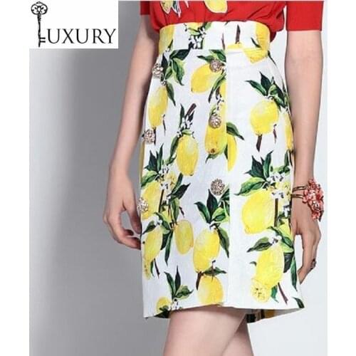 Fashion High Waist New Style Autumn Spring Women Yellow Fruit Print Jewlery Beading Party Elegant Sexy Skirt Pencil