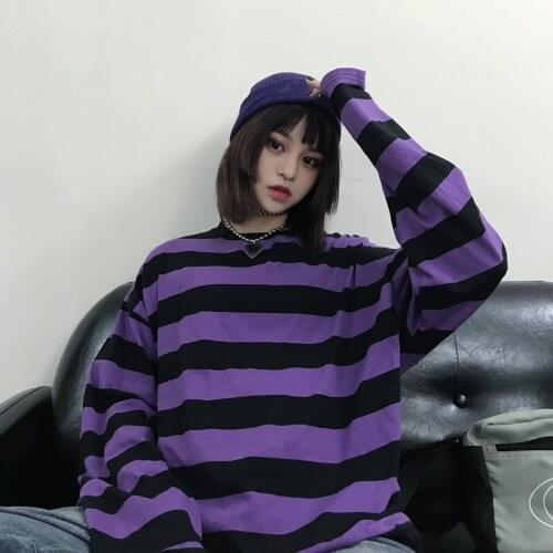 8070 High Street Harajuku Stripes Long Sleeves T-Shirt Women Spring Autumn Loose Korean Style Basic Casual Unisex Tee Top Female