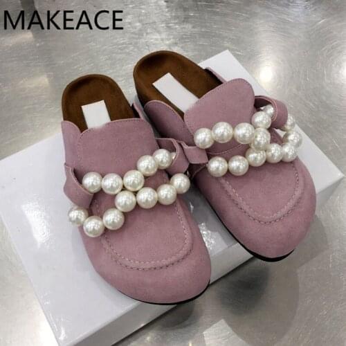 Pink Women Summer 2021 New Rhinestone Pearl Chain Lazy Half Slippers Female Leather Flat Casual All-match Muller Shoes Woman