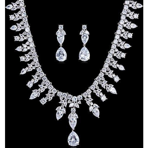 Gorgeous Crystal CZ Cubic Zirconia Bridal Wedding Flower Necklace Earring Set Jewelry Sets for Women Prom Accessories CN10160