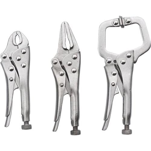 3Pcs Mini Vise Locking Pliers Set 4In Curved Jaw And 5In Long Nose And 5 In C Clamp Assorted Locking Welding Clamp