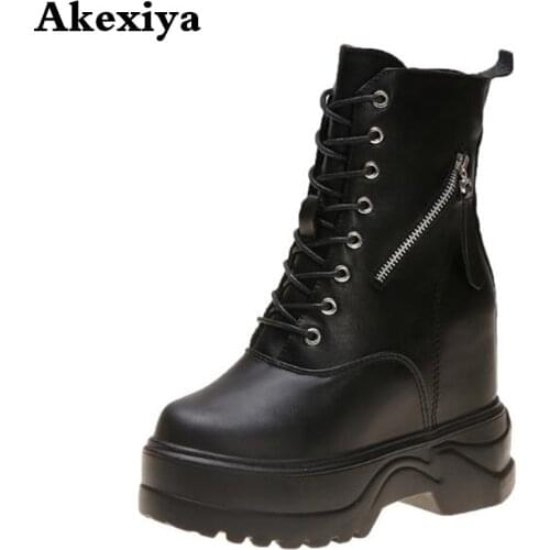 Fashion Zipper Flat Shoes Woman High Heel Platform PU Leather Boots Lace up Women Shoes Ankle Boots Girls 35-40