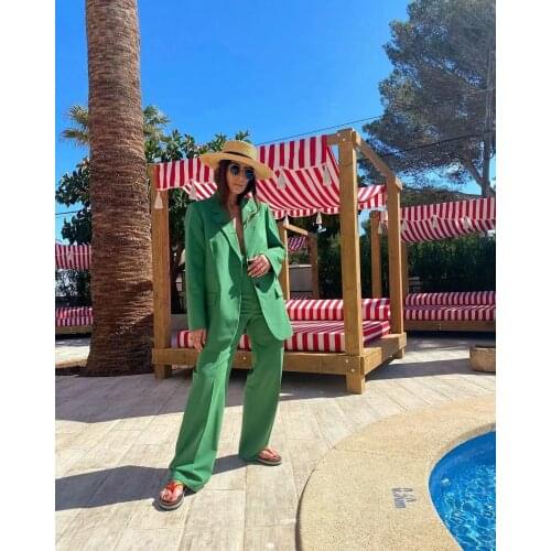 DYLQFS 2021 Women Two-piece Set Green Vintage Elegant Office Lady Single-Breasted Notched Blazer Female High Waist Pants Suits