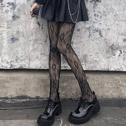 Gothic Tight Pantyhose Japanese Black Retro Rose Flower Vine Fishnet Lace Trousers Little Love Bottoming Stockings Women
