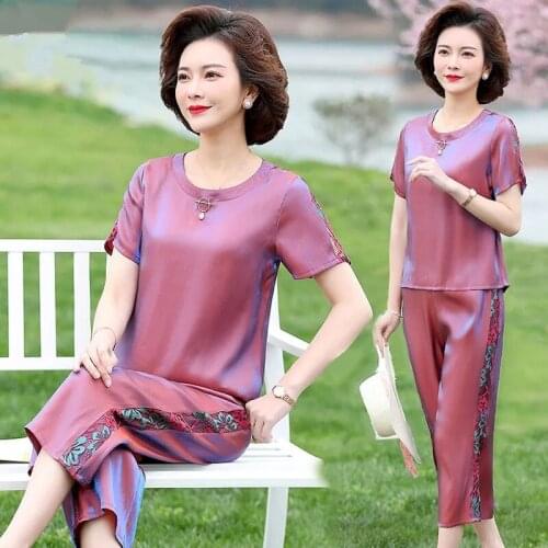 Fashion Plus Size 2 piece sets Women Summer Suit Middle-aged Ladies Slim Short-sleeved T-shirt Tops+Pants Ladies Clothing Sets