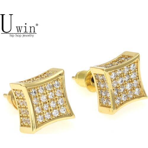 AAA Zircon Mens Stud Earrings Copper Material Gold color Color Square Earrings For Women Fashion Hip Hop Jewelry 12mmx12mm