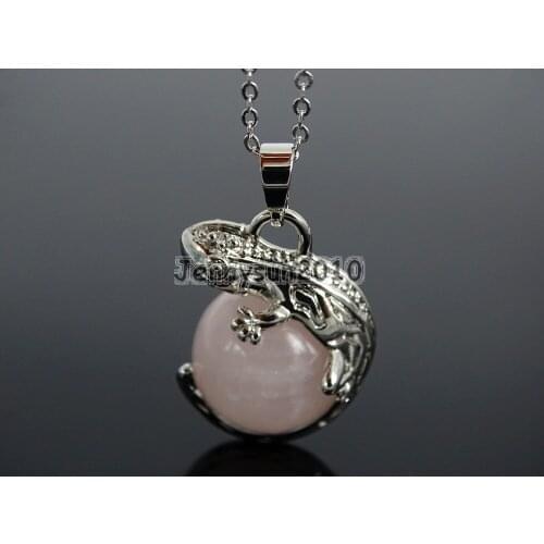 Natural Rose Quart-z Gems Stone Round Ball Chakra Healing Lizard Pendant Necklace Beads Healing Jewelry Design 10Pcs/Pack
