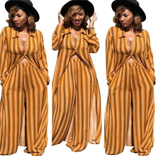 New Ls6154 womens striped print loose top and wide leg pants two piece set