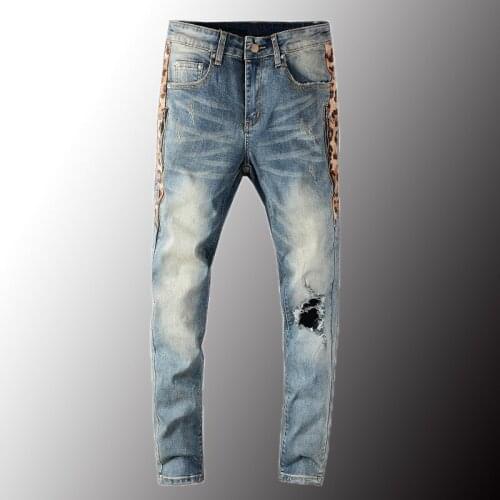 New Luxury Mens Leopard Print Patchwork Holes Ripped Jeans Streetwear Slim Skinny Stretch Denim Pants Plus Size 40