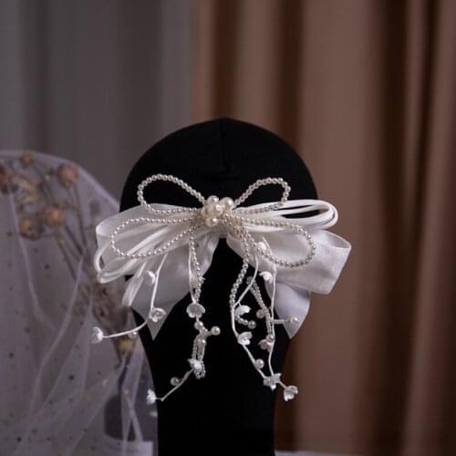 New elegant silk bow barrettes Beaded white satin bow bridal headdress hairpin wedding hair accessories
